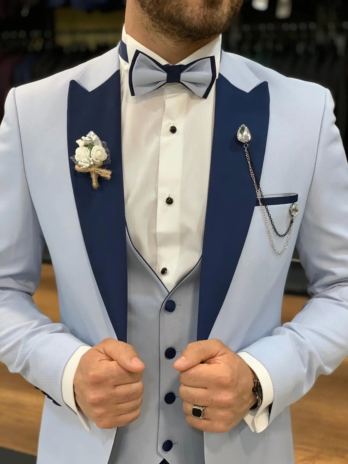 Wilson Sky Blue Slim Fit Peak Lapel Tuxedo: Perfect for Formal Occasions - BRABION