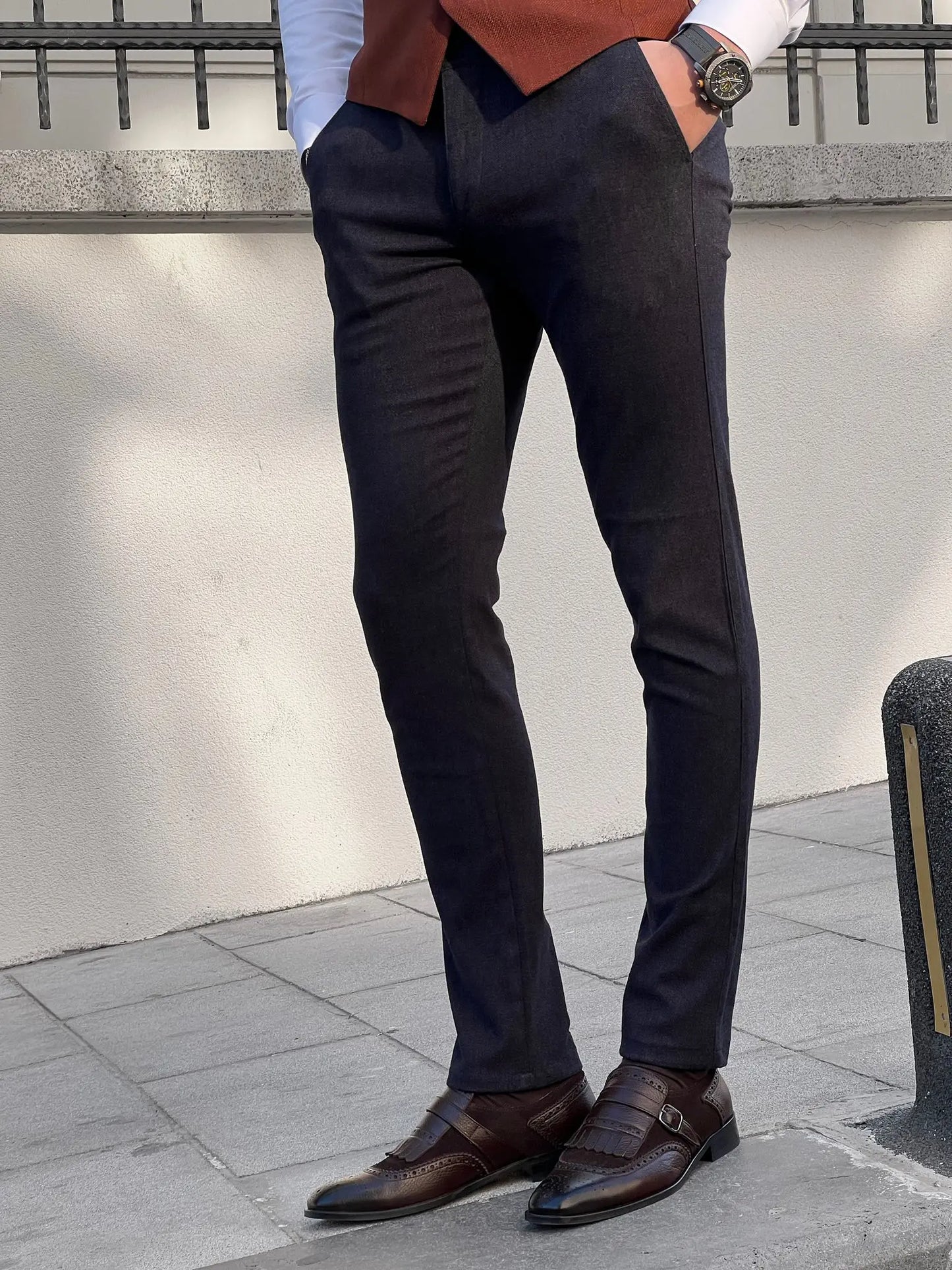 Fabio Navy Blue Slim Fit Cotton Pants - BRABION