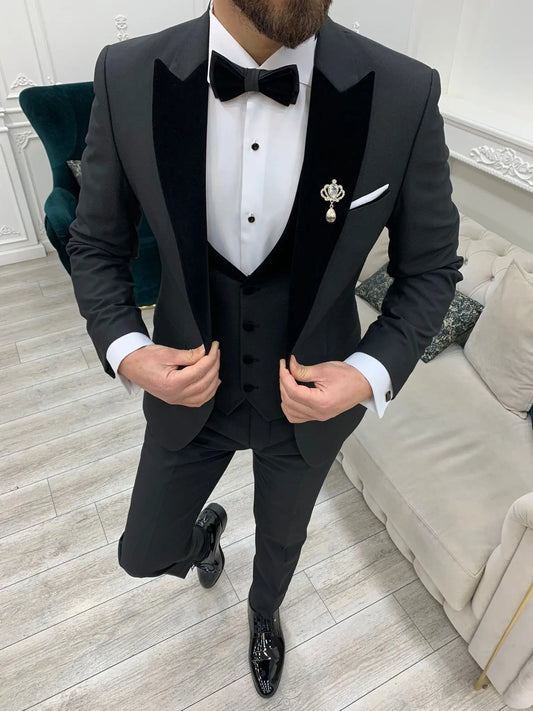 Eden Black Slim Fit Velvet Peak Lapel Tuxedo - BRABION