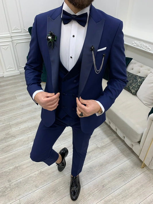 Perris Navy Blue Slim Fit Tuxedo - BRABION