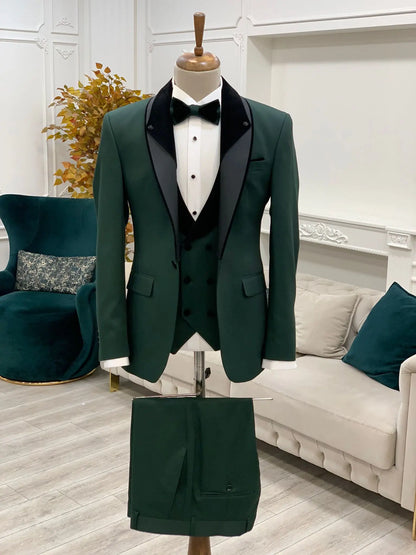 Caesar Green Slim Fit Velvet Shawl Lapel Tuxedo - BRABION