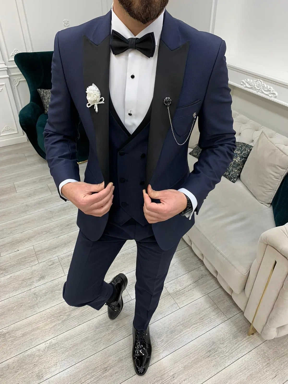Eden Navy Blue Slim Fit Peak Lapel Tuxedo - BRABION