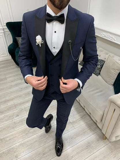 Eden Navy Blue Slim Fit Peak Lapel Tuxedo - BRABION