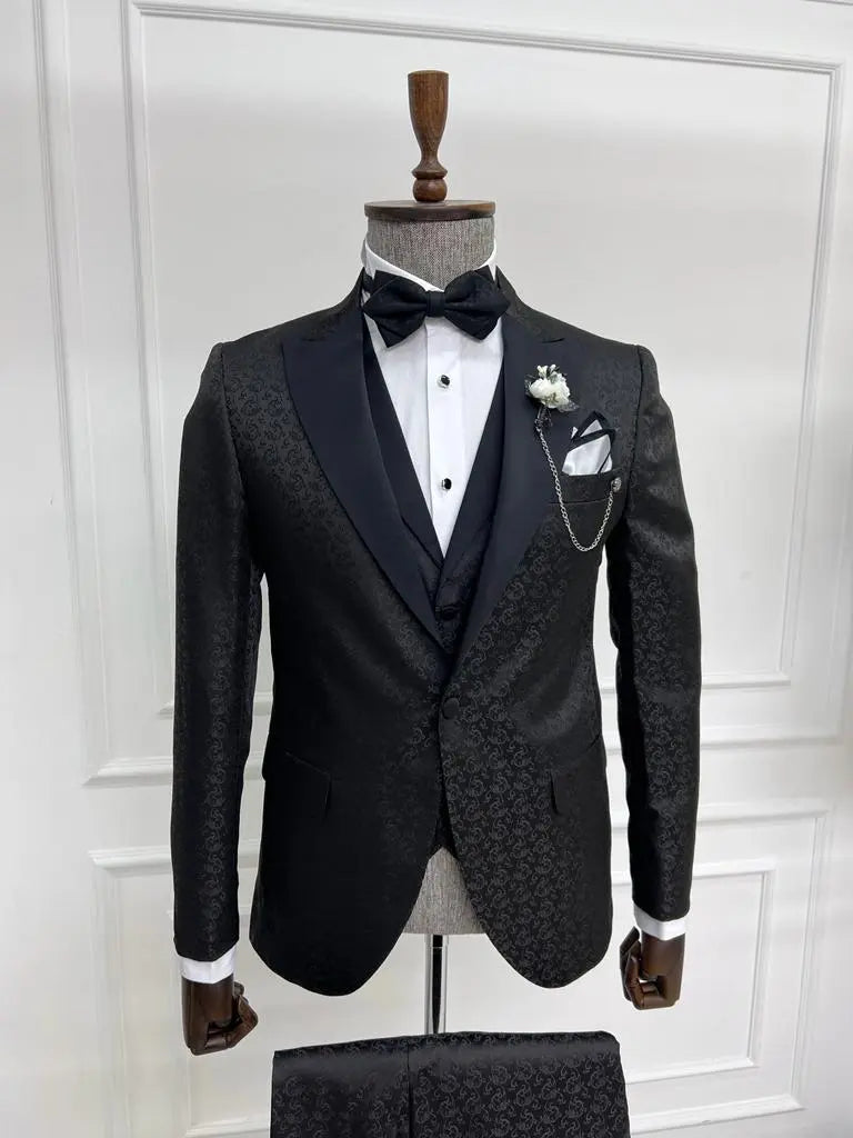 Sorento Black Slim Fit Floral Peak Lapel Tuxedo - Premium Formalwear for Men - BRABION