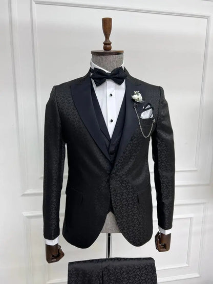 Sorento Black Slim Fit Floral Peak Lapel Tuxedo - Premium Formalwear for Men - BRABION