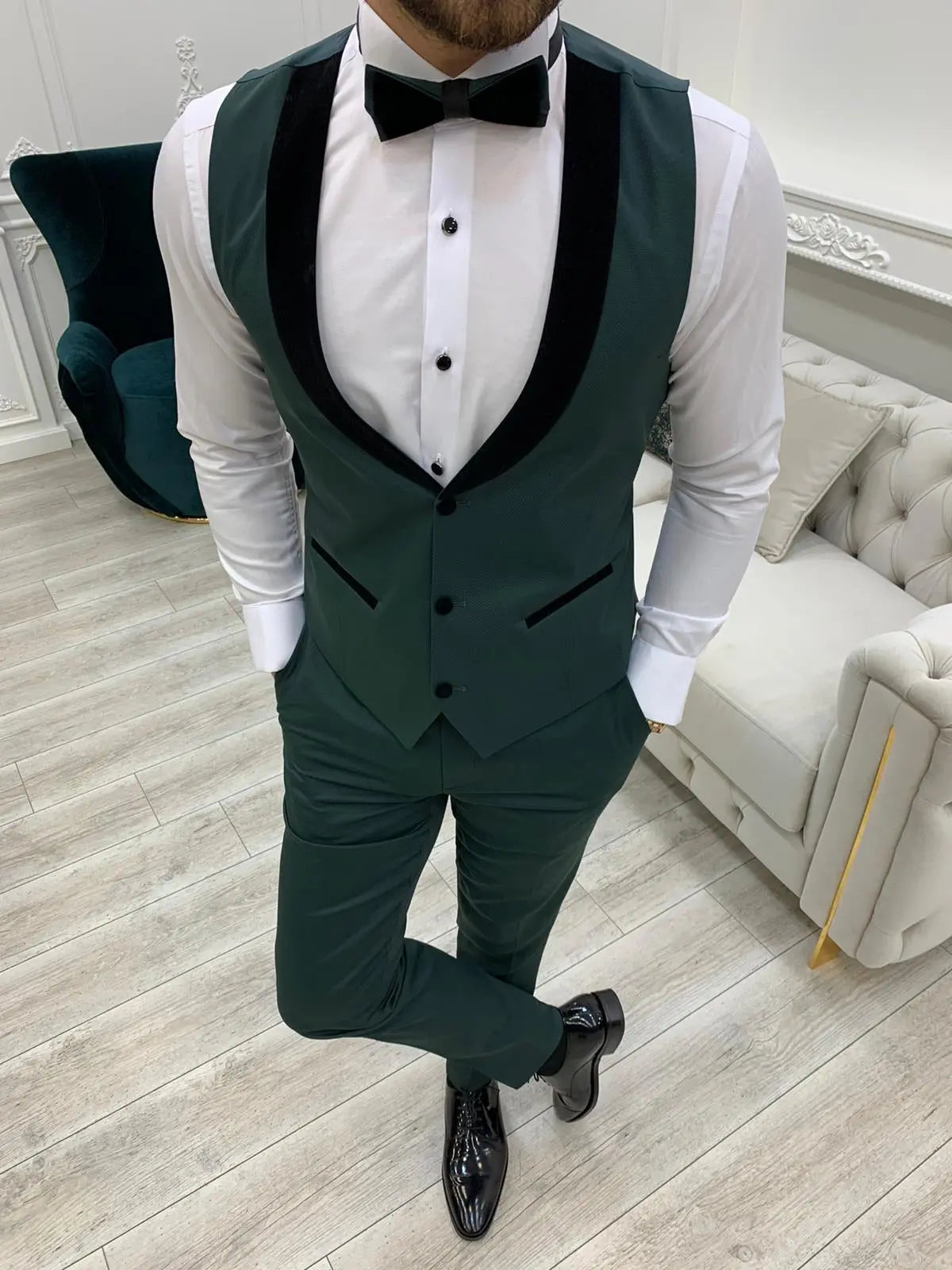 Infinite Green Slim Fit Velvet Peak Lapel Tuxedo - BRABION
