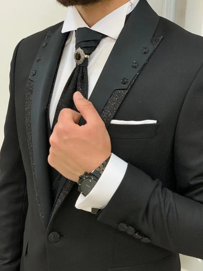 Forte Black Slim Fit Glitter Peak Lapel Wedding Suit - BRABION