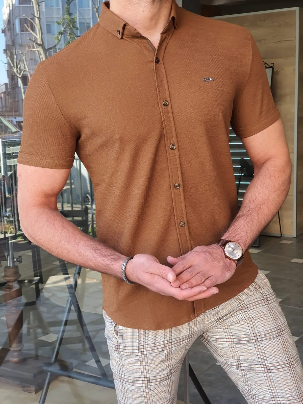 Brabion Napoli Camel Slim Fit Short Sleeve Shirt - BRABION