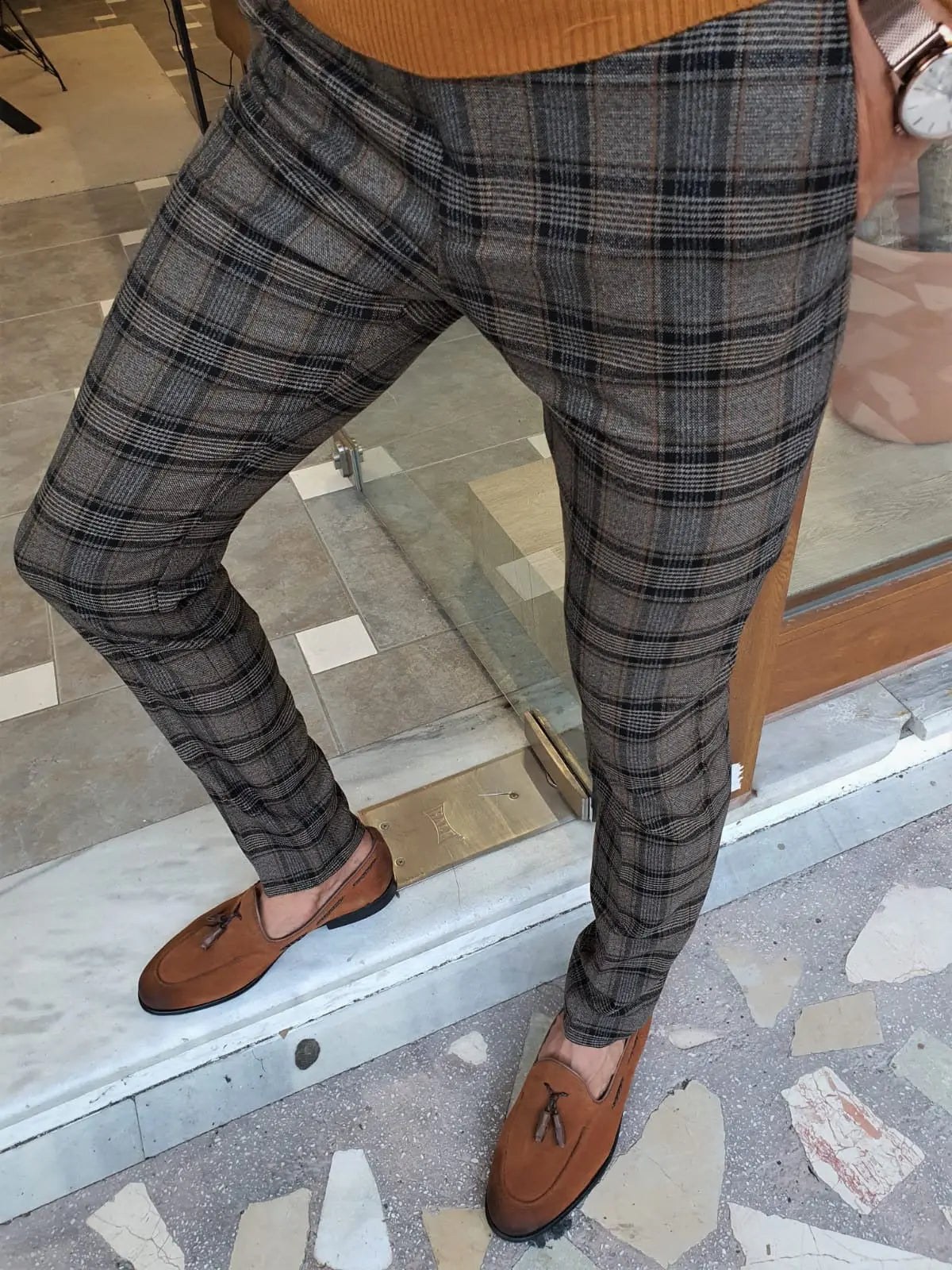 Henderson Camel Slim Fit Plaid Pants for the Modern Man - BRABION