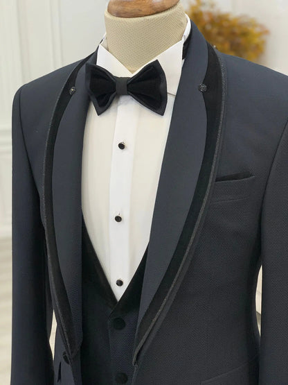 Caesar Navy Blue Slim Fit Velvet Shawl Button Lapel Tuxedo - BRABION