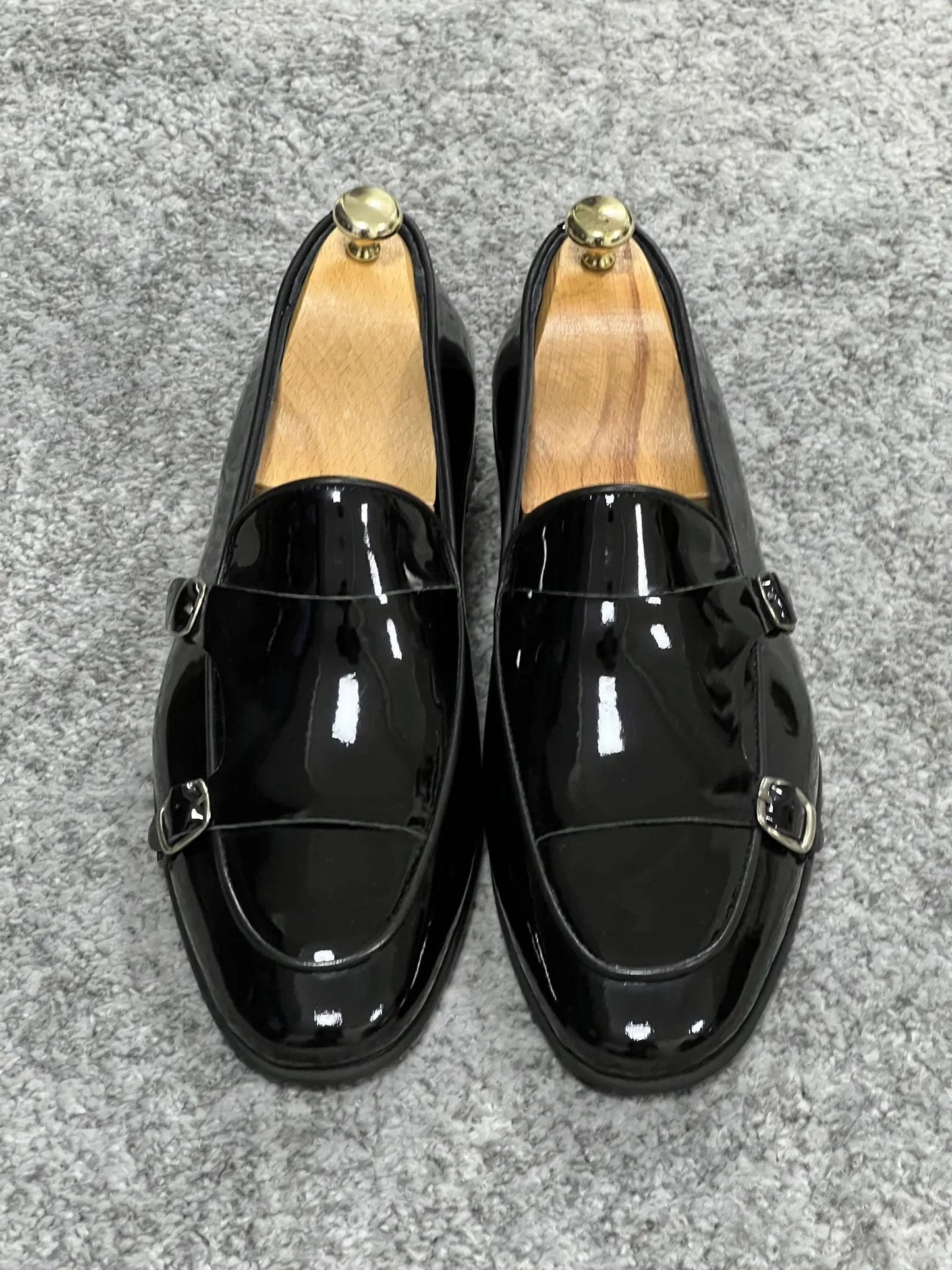Lenzi Special Edition Neolite Sole Double Monk Shiney Leather Black Shoes - BRABION