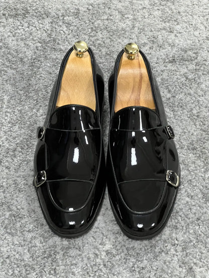 Lenzi Special Edition Neolite Sole Double Monk Shiney Leather Black Shoes - BRABION