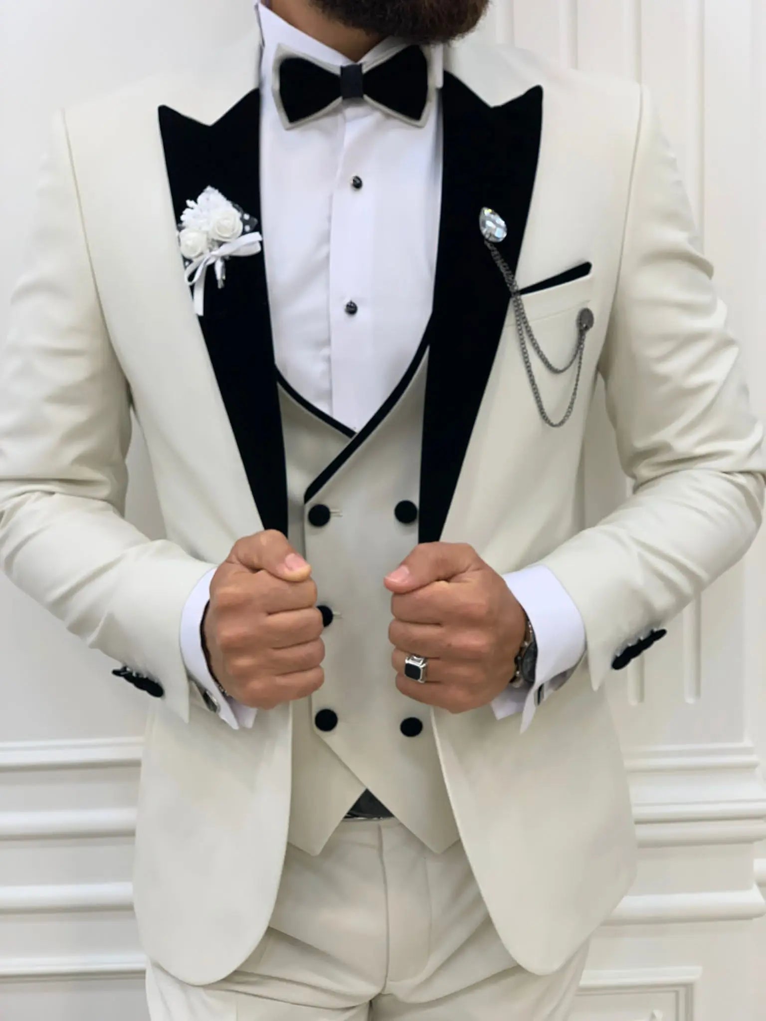Acacia White Slim Fit Velvet Peak Lapel Tuxedo - Elevate Your Formal Wardrobe - BRABION