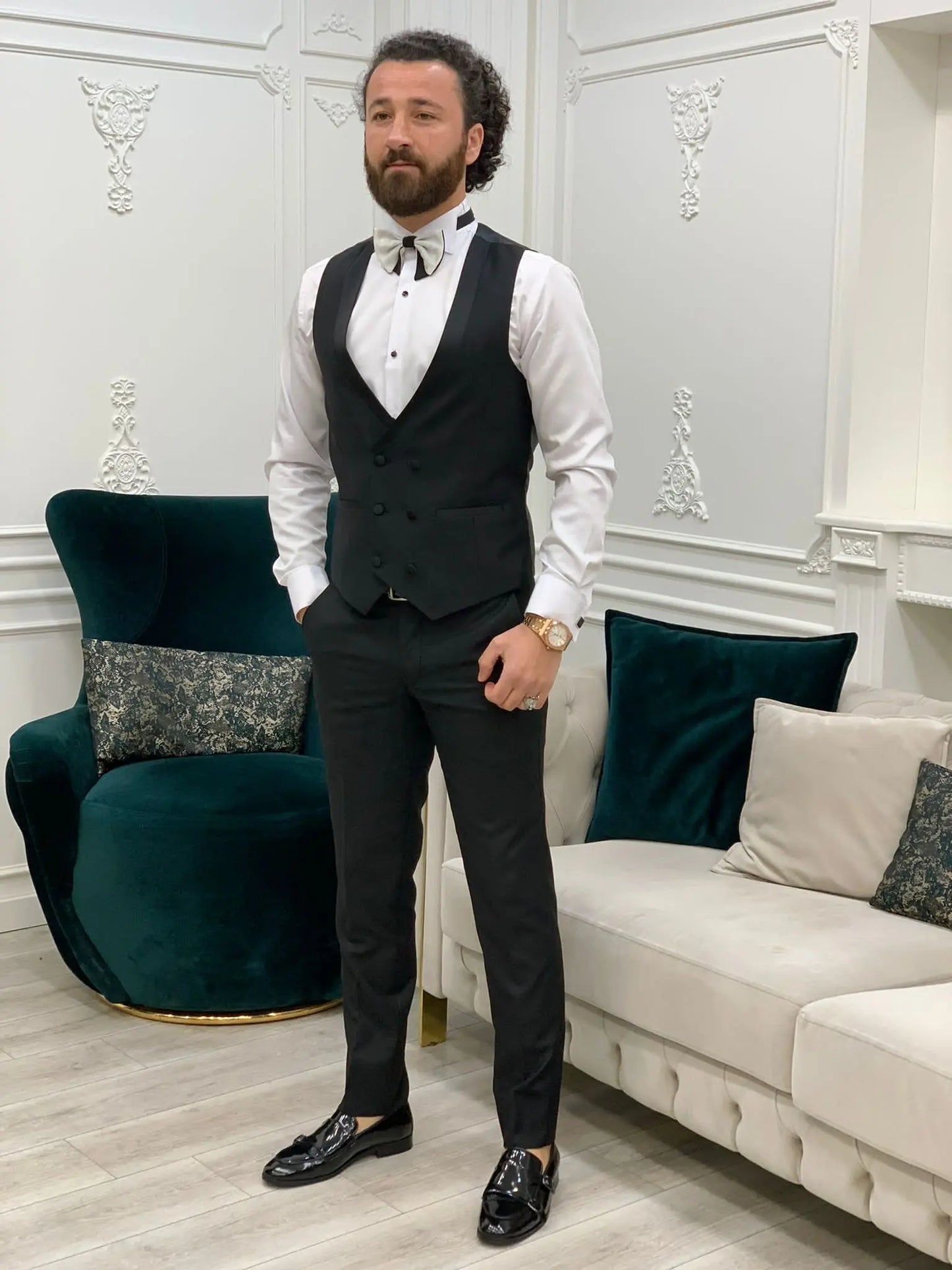 Paris White Black Slim Fit Double Breasted Tuxedo - BRABION