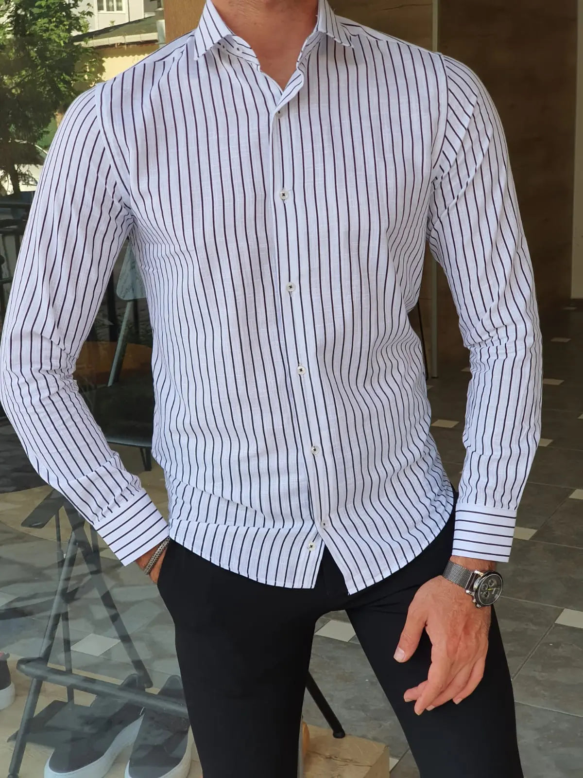 Brabion Berton Black Slim Fit Long Sleeve Striped Cotton Shirt - BRABION