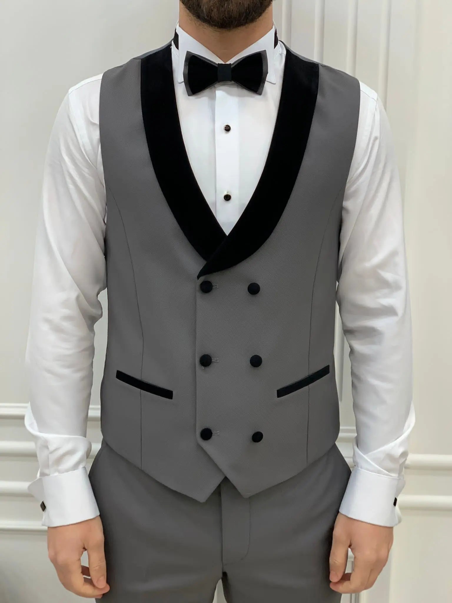 Eden Gray Slim Fit Velvet Satin Shawl Lapel Tuxedo - BRABION
