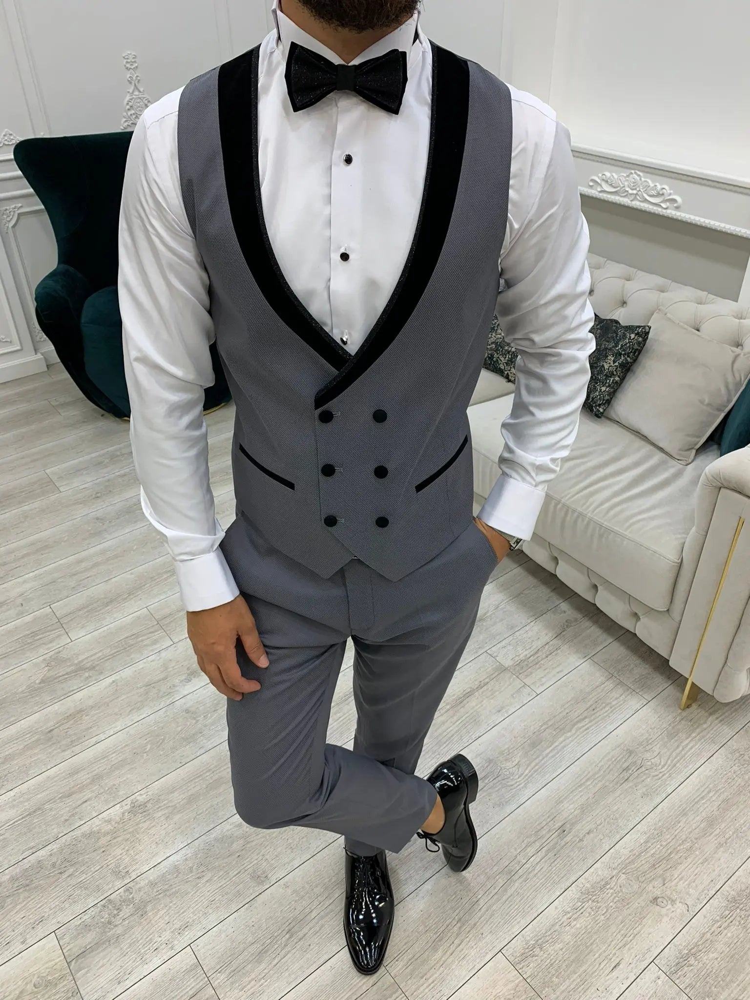 Acacia Gray Slim Fit Velvet Shawl Lapel Tuxedo - BRABION