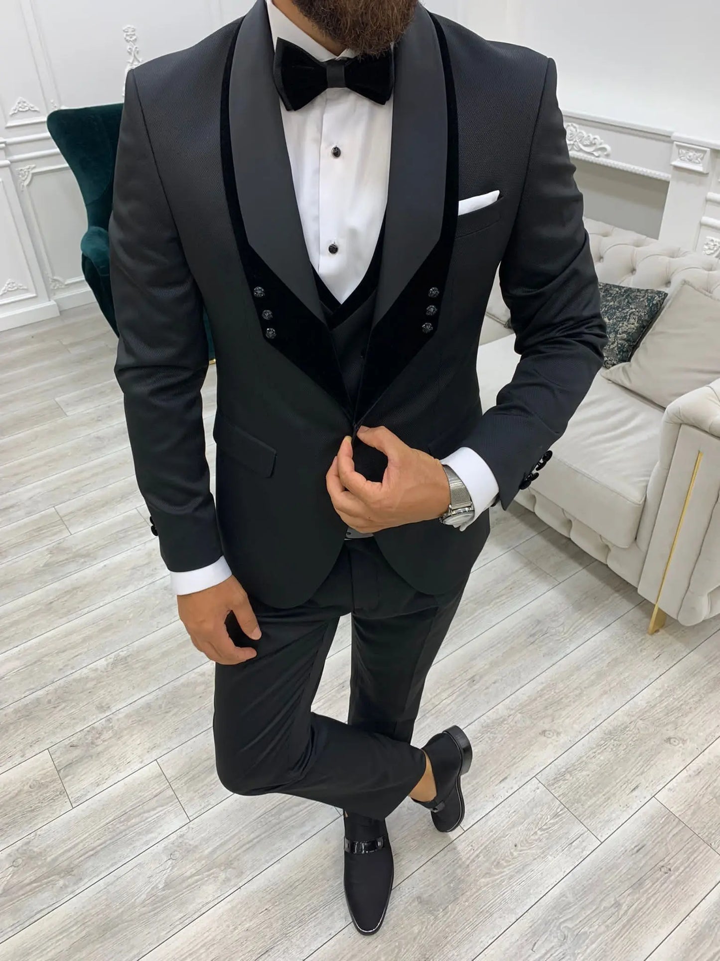Infinite Black Slim Fit Velvet Shawl Lapel Tuxedo - BRABION