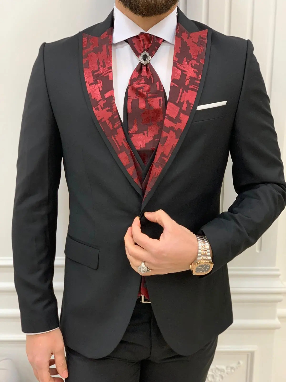 Paris Burgundy Black Slim Fit Peak Lapel Wedding Suit - BRABION