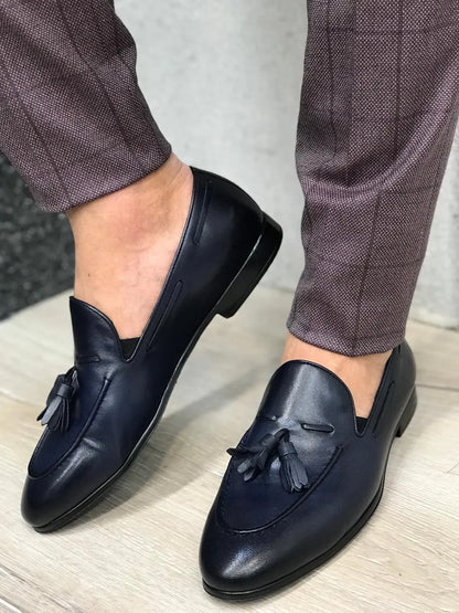 Tassel Leather Navy Loafers for Men - BRABION