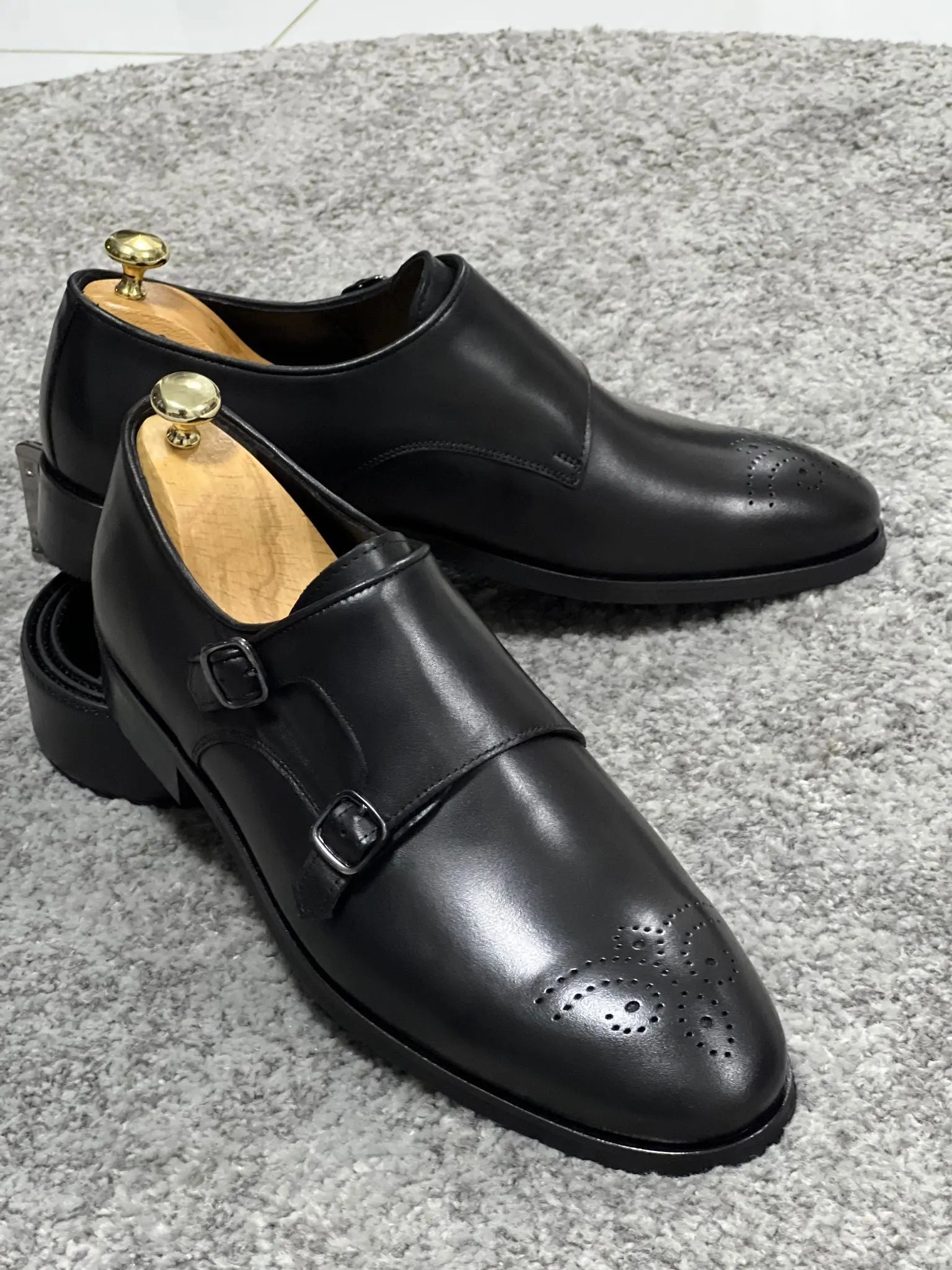 Lenzi Special Edition Neolite Sole Double Monk Stap Black Shoes - BRABION