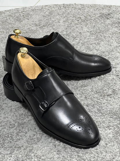 Lenzi Special Edition Neolite Sole Double Monk Stap Black Shoes - BRABION