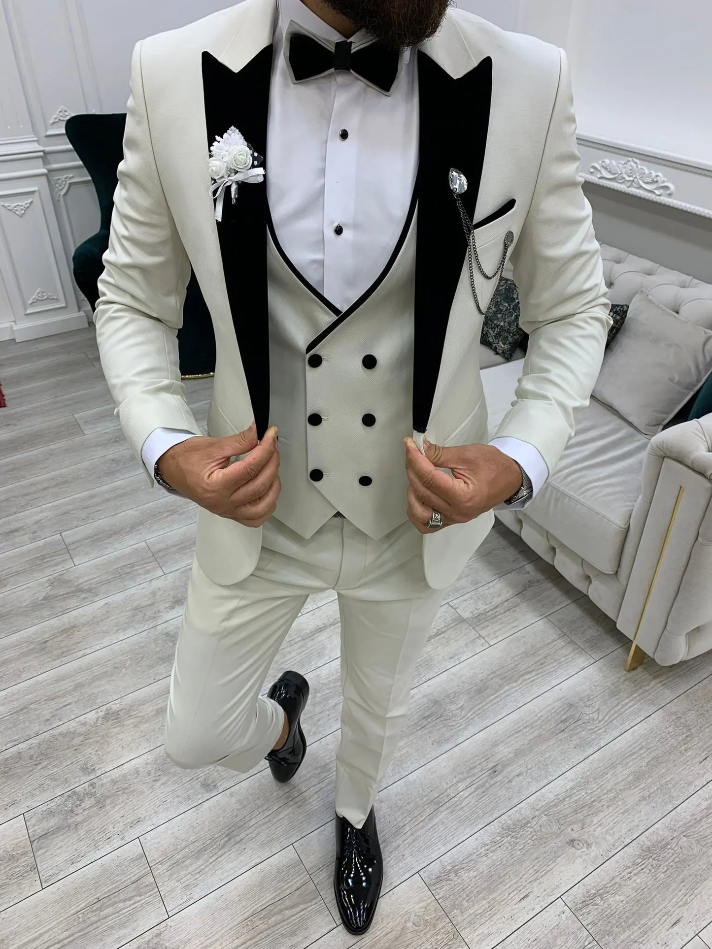 Acacia White Slim Fit Velvet Peak Lapel Tuxedo - Elevate Your Formal Wardrobe - BRABION