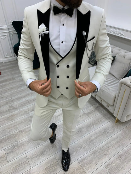 Acacia White Slim Fit Velvet Peak Lapel Tuxedo - Elevate Your Formal Wardrobe - BRABION