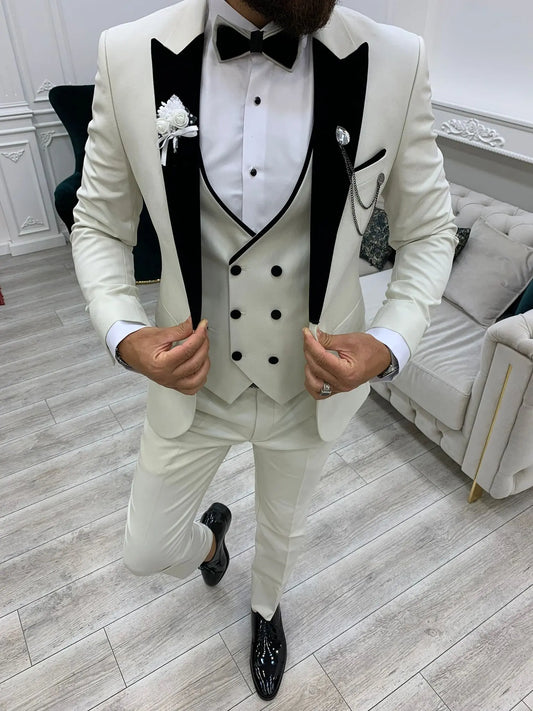 Acacia White Slim Fit Velvet Peak Lapel Tuxedo - Elevate Your Formal Wardrobe - BRABION