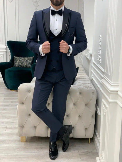 Eden Navy Blue Slim Fit Velvet Satin Peak Lapel Tuxedo - BRABION