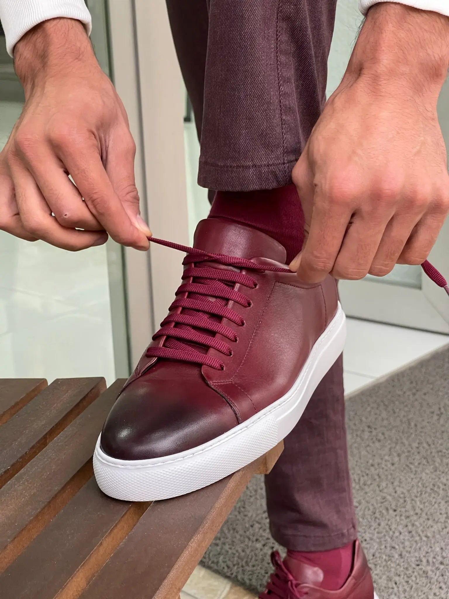 Martin Burgundy Lace-Up Mid-Top Sneakers - BRABION