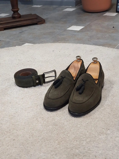 Bristol Khaki Suede Tassel Loafers - BRABION