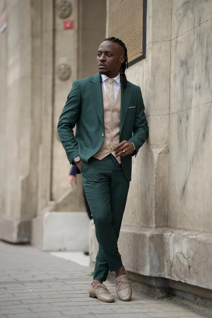 Sorento Green Slim Fit Pinstripe Combination Suit for Men brabion