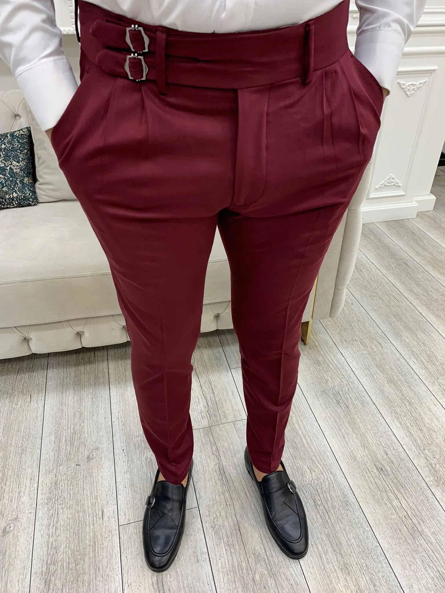 Burgundy Buckled Canvas Trousers for Every Occasion - BRABION