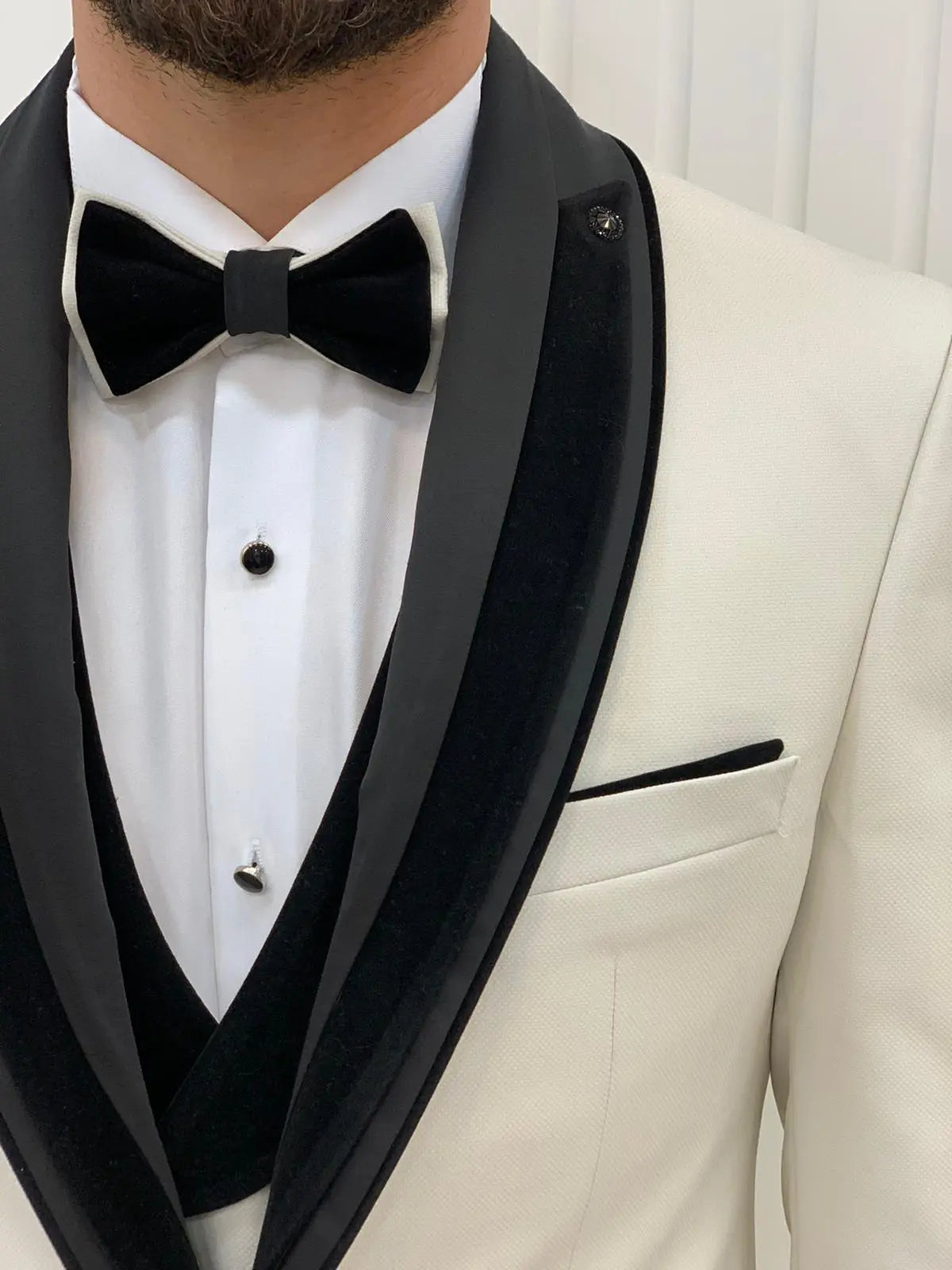 Eden Off White Slim Fit Velvet Satin Shawl Lapel Tuxedo - BRABION