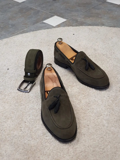Bristol Khaki Suede Tassel Loafers - BRABION