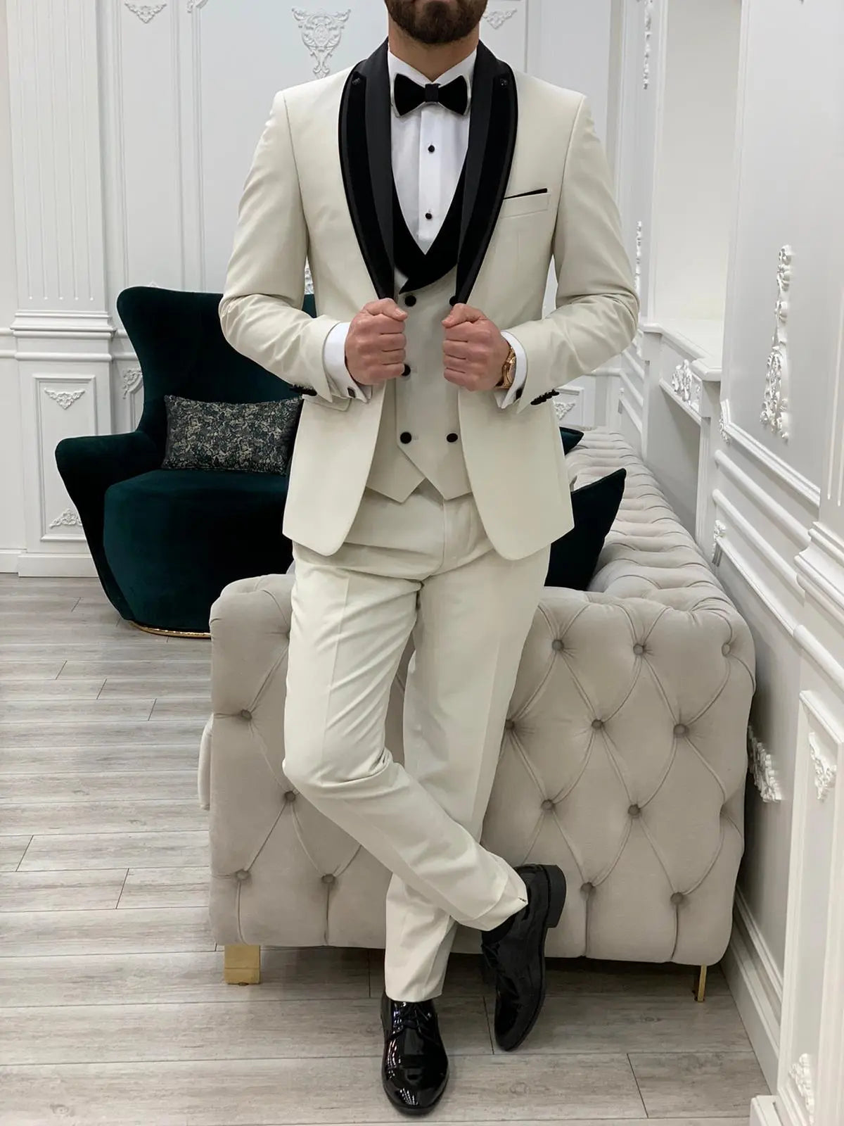 Eden Off White Slim Fit Velvet Satin Shawl Lapel Tuxedo - BRABION
