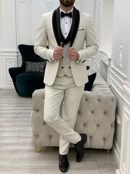 Eden Off White Slim Fit Velvet Satin Shawl Lapel Tuxedo - BRABION
