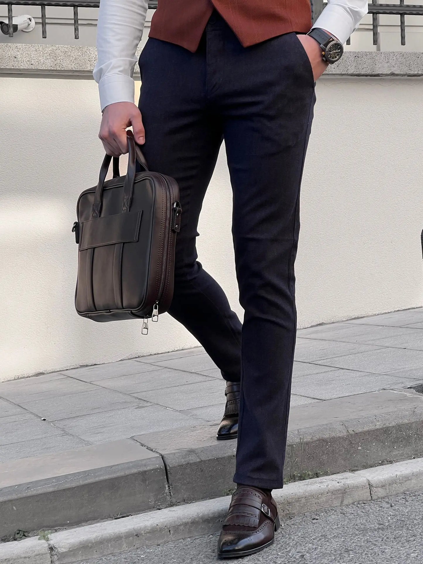 Fabio Navy Blue Slim Fit Cotton Pants - BRABION