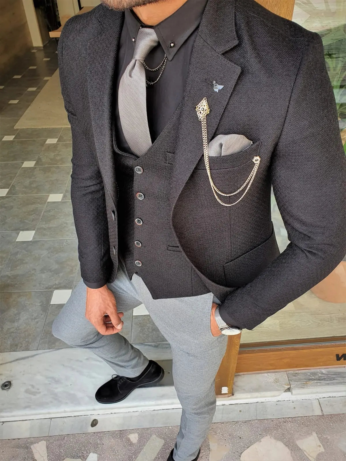 Men's Jet Black Slim Fit Three-Piece Suit BOJONI