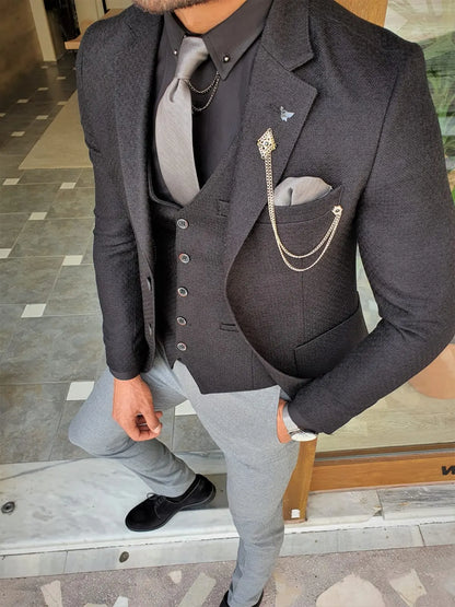 Men's Jet Black Slim Fit Three-Piece Suit BOJONI