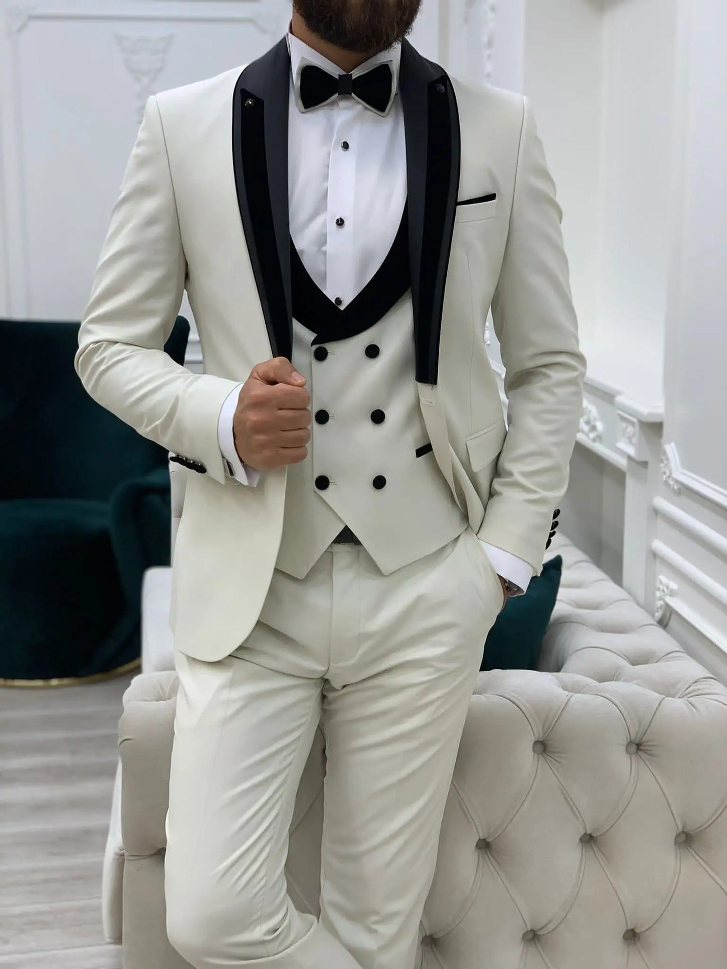 Ventura White Slim Fit Shawl Lapel Tuxedo - BRABION