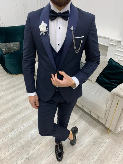 Avion Navy Blue Slim Fit Shawl Lapel Tuxedo - BRABION