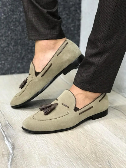 Tassel Suede Leather Cream Loafers - BRABION