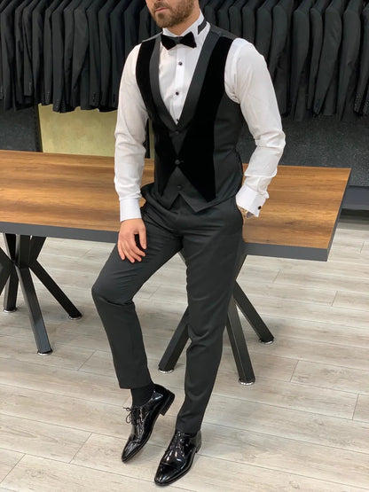 Keene Black Velvet Peak Lapel Tuxedo - The Pinnacle of Formal Elegance - BRABION