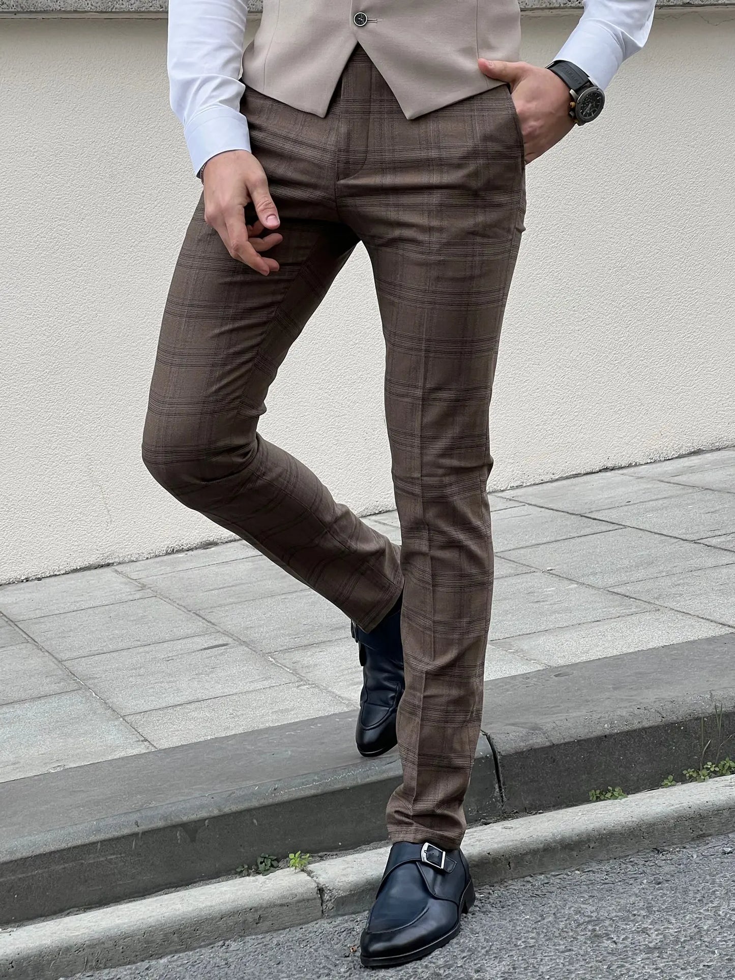 Fabio Brown Plaid Slim Fit Woolen Pants - BRABION