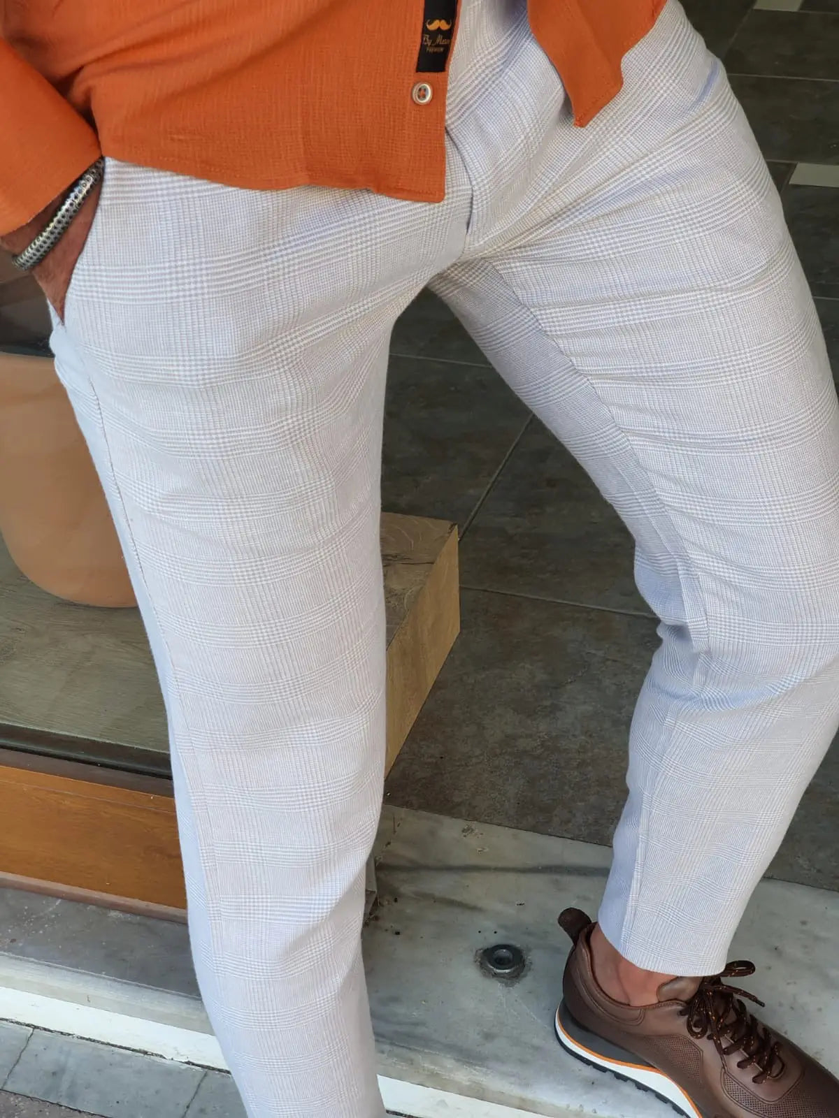 Bristol Beige Slim Fit Plaid Cotton Pants - BRABION