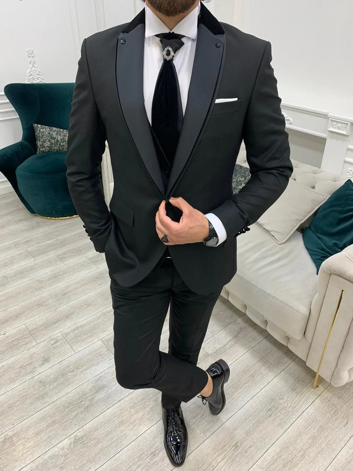 Forte Black Slim Fit Notch Lapel Wedding Suit - BRABION