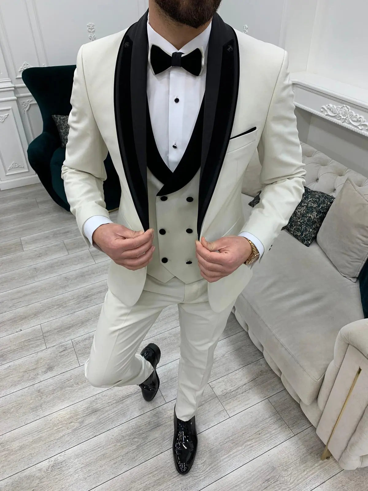 Eden Off White Slim Fit Velvet Satin Shawl Lapel Tuxedo - BRABION