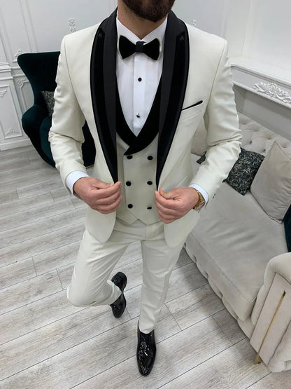Eden Off White Slim Fit Velvet Satin Shawl Lapel Tuxedo - BRABION